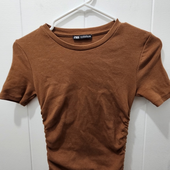 Zara Copper Brown Ribbed Side Tie Short Sleeves Mini Dress Size Small - Picture 2 of 9